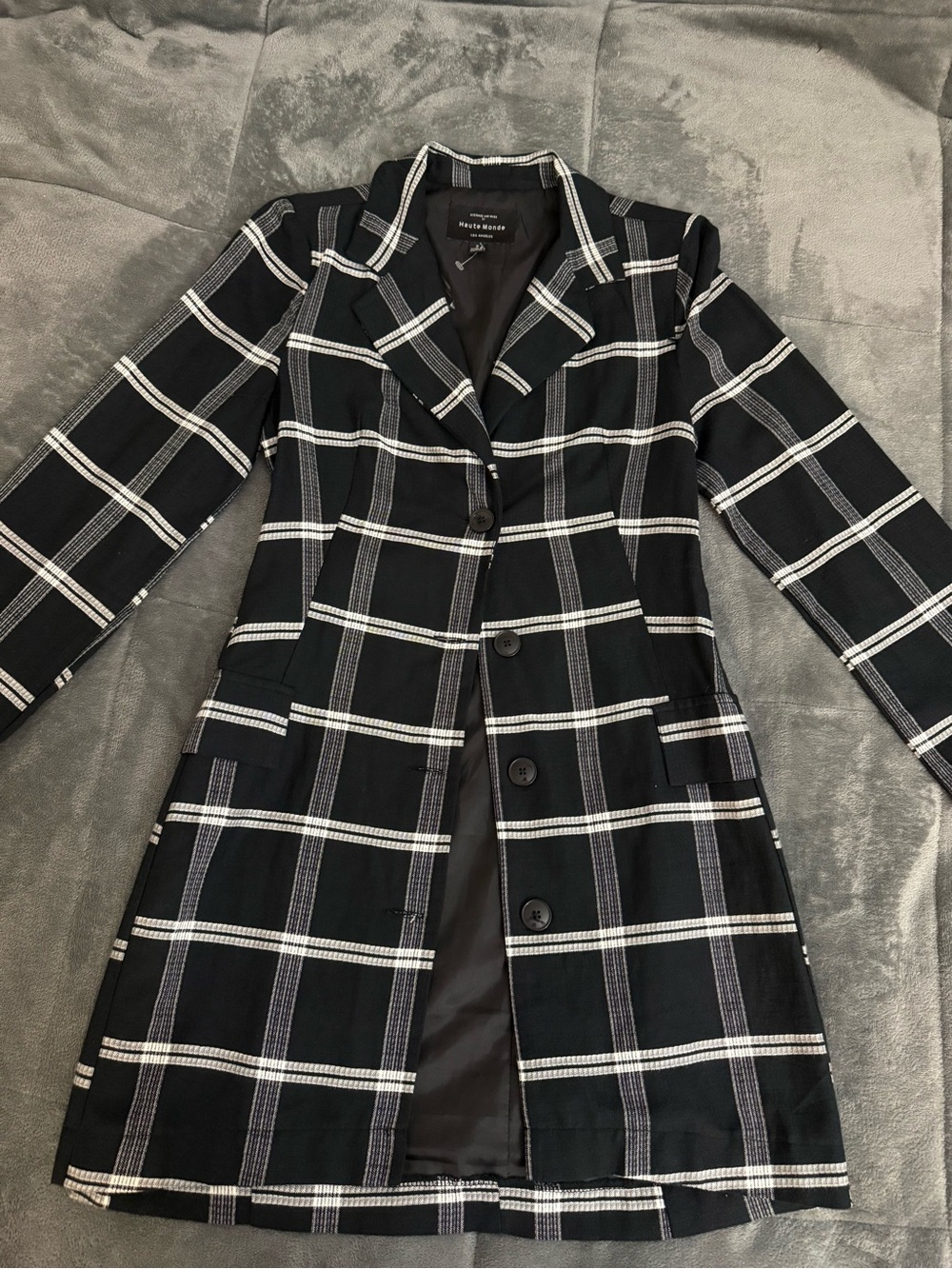 Haute Monde Black and White Windowpane Long Blazer